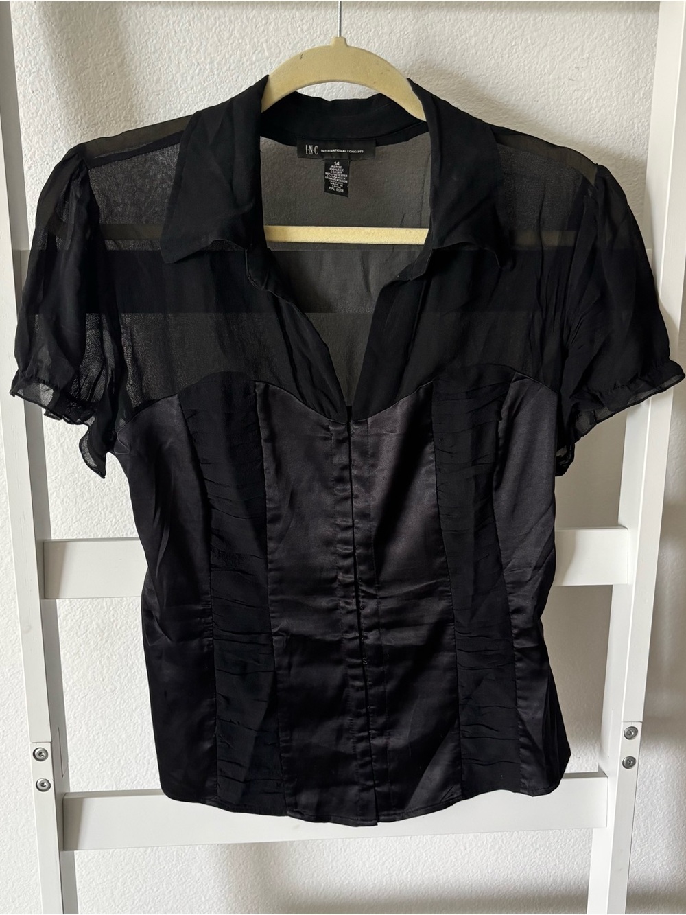 INC International Concepts Black Satin Bodice with Sheer Puff Sleeves Blouse